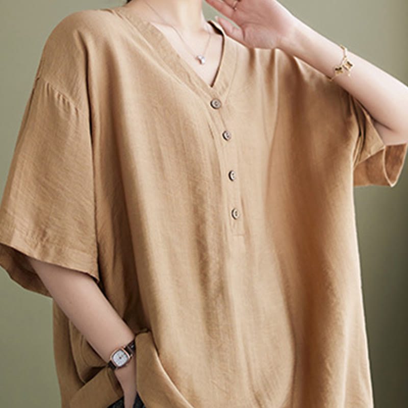 Camisa de viscosa de media manga con diseño de escote en V y estampado casual de Buddha Stones para mujer