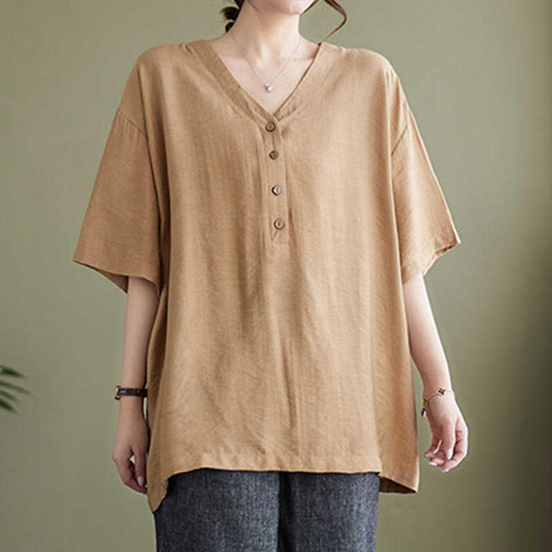 Camisa de viscosa de media manga con diseño de escote en V y estampado casual de Buddha Stones para mujer