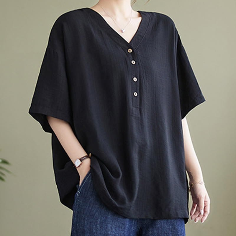Camisa de viscosa de media manga con diseño de escote en V y estampado casual de Buddha Stones para mujer