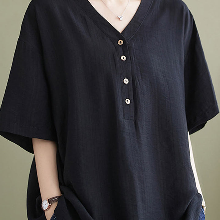Camisa de viscosa de media manga con diseño de escote en V y estampado casual de Buddha Stones para mujer