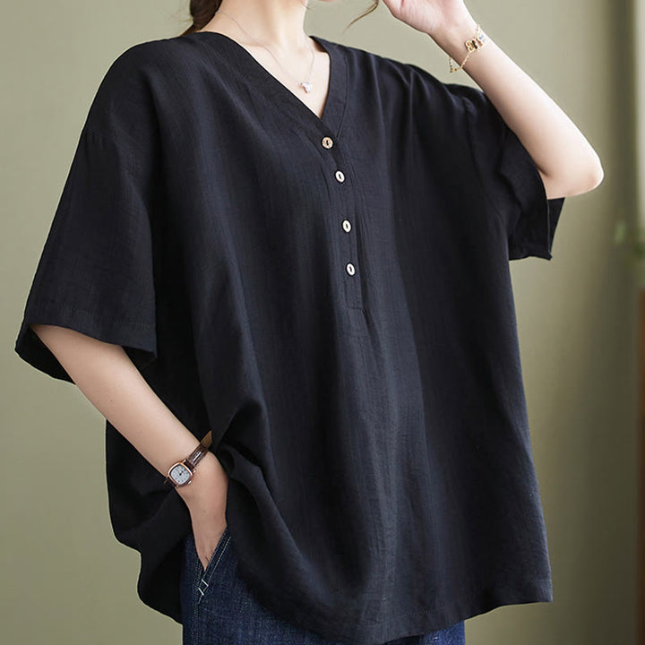 Camisa de viscosa de media manga con diseño de escote en V y estampado casual de Buddha Stones para mujer