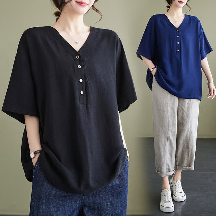 Camisa de viscosa de media manga con diseño de escote en V y estampado casual de Buddha Stones para mujer