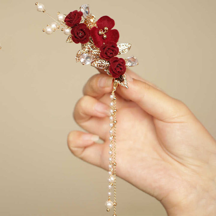 Pinza para el pelo con borlas laterales de estilo chino retro con flores de camelia roja y piedras de Buddha Stones