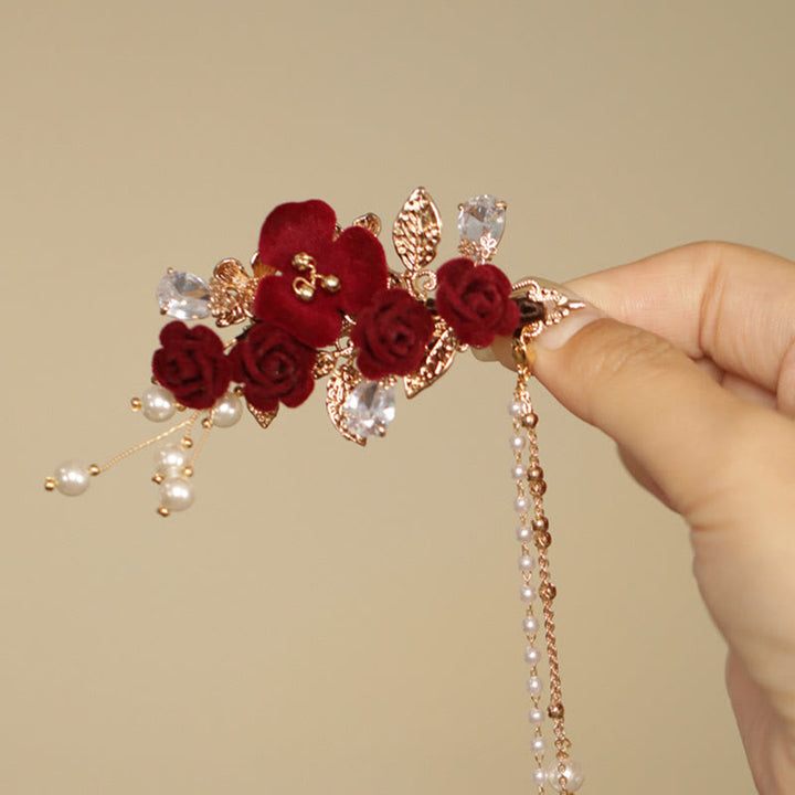Pinza para el pelo con borlas laterales de estilo chino retro con flores de camelia roja y piedras de Buddha Stones
