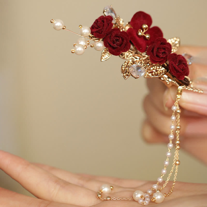 Pinza para el pelo con borlas laterales de estilo chino retro con flores de camelia roja y piedras de Buddha Stones