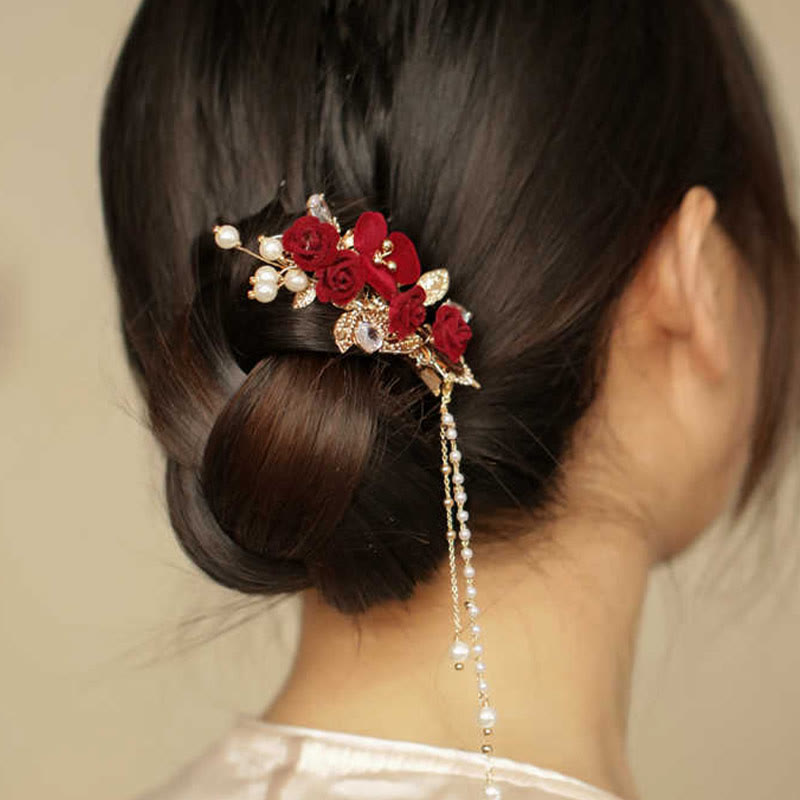 Pinza para el pelo con borlas laterales de estilo chino retro con flores de camelia roja y piedras de Buddha Stones