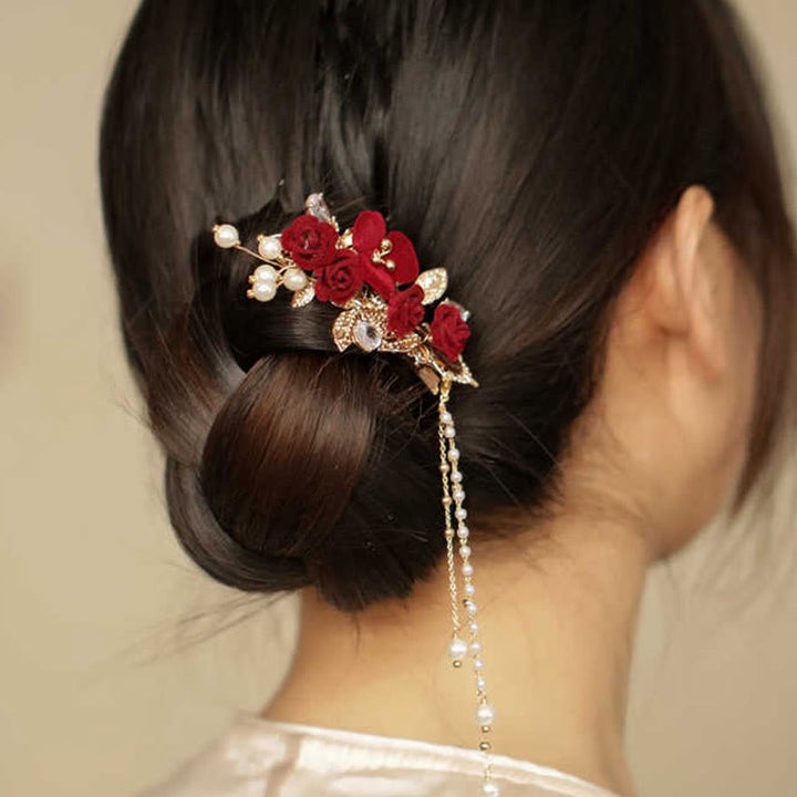 Pinza para el pelo con borlas laterales de estilo chino retro con flores de camelia roja y piedras de Buddha Stones