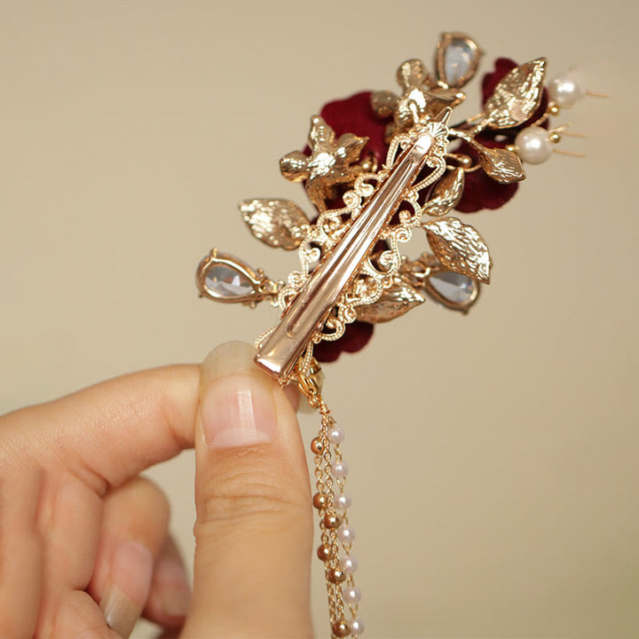 Pinza para el pelo con borlas laterales de estilo chino retro con flores de camelia roja y piedras de Buddha Stones