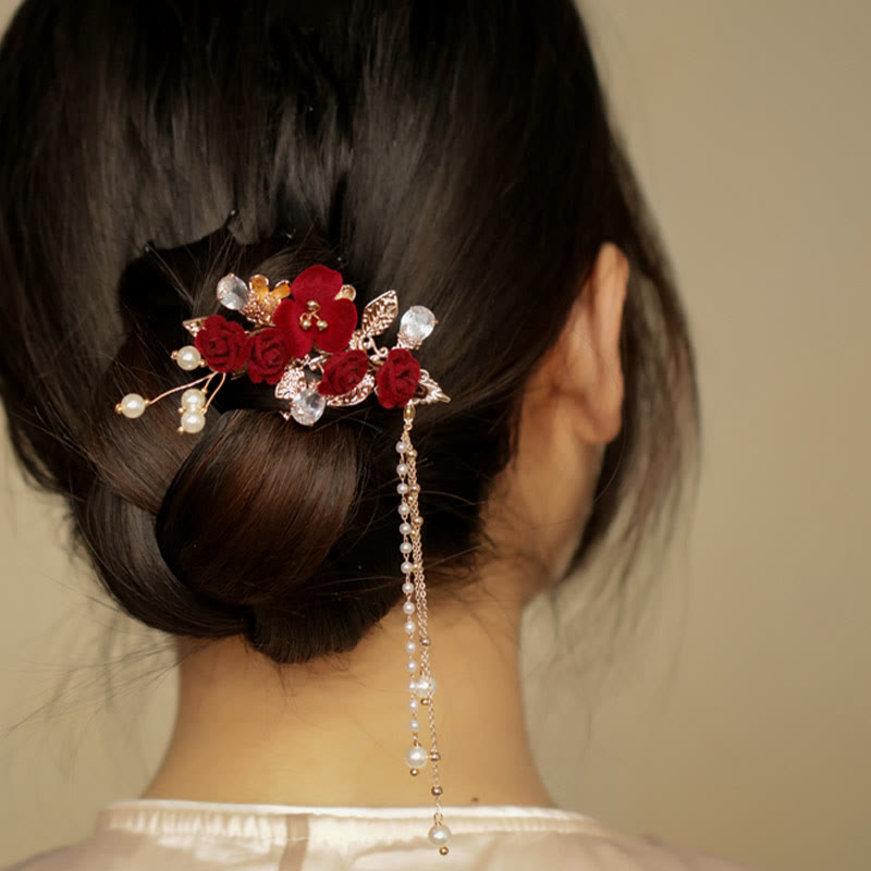 Pinza para el pelo con borlas laterales de estilo chino retro con flores de camelia roja y piedras de Buddha Stones