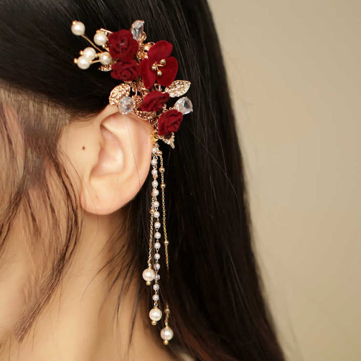 Pinza para el pelo con borlas laterales de estilo chino retro con flores de camelia roja y piedras de Buddha Stones