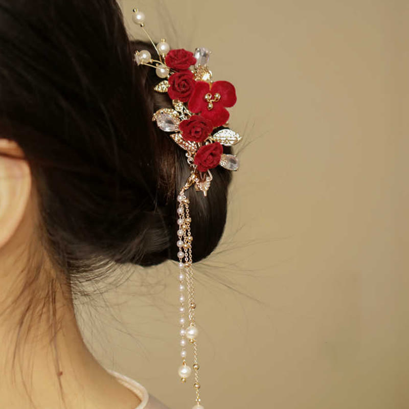Pinza para el pelo con borlas laterales de estilo chino retro con flores de camelia roja y piedras de Buddha Stones