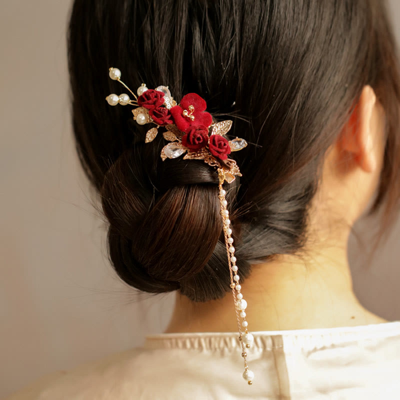 Pinza para el pelo con borlas laterales de estilo chino retro con flores de camelia roja y piedras de Buddha Stones
