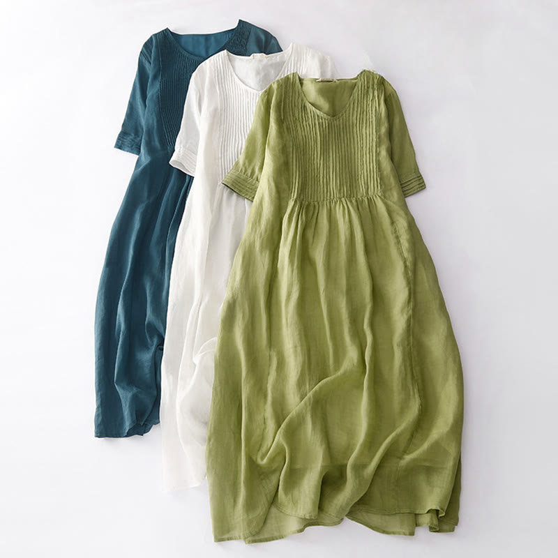Vestido midi informal de algodón con cuello en V, manga corta y pliegues tipo acordeón con bolsillos de Buddha Stones - image 1