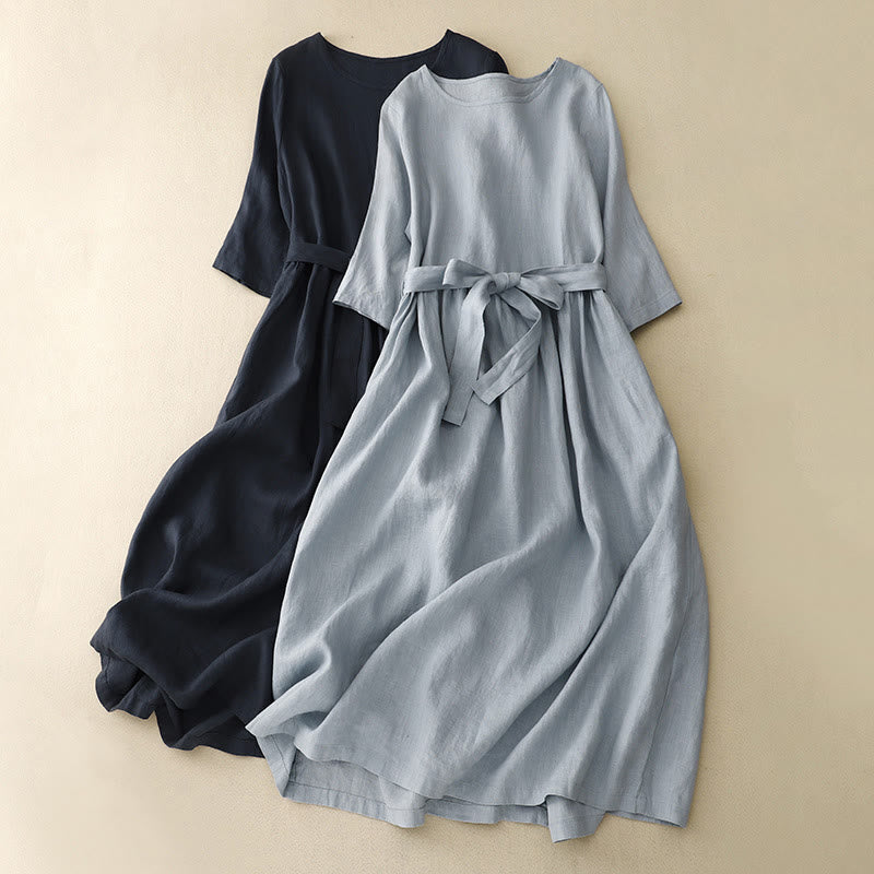Vestido midi informal de lino y algodón con cuello redondo, mangas cortas, cordones y bolsillos de Buddha Stones - Azul medianoche - US8-10，UK/AU12-14，EU40-42 (2XL) - image 1