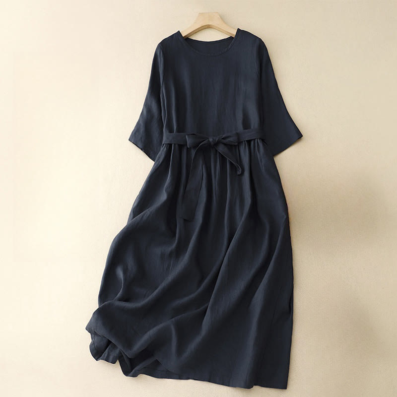 Vestido midi informal de lino y algodón con cuello redondo, mangas cortas, cordones y bolsillos de Buddha Stones - image 1