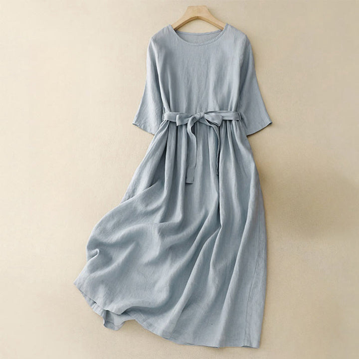 Vestido midi informal de lino y algodón con cuello redondo, mangas cortas, cordones y bolsillos de Buddha Stones - Celeste - US8-10，UK/AU12-14，EU40-42 (2XL) - image 8