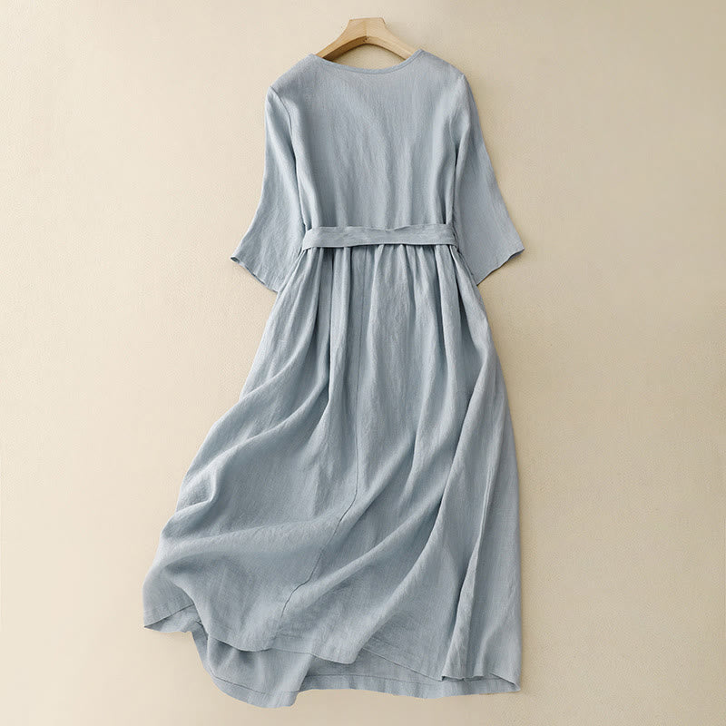 Vestido midi informal de manga corta con cuello redondo, cordones y bolsillos , Buddha Stones. - image 8