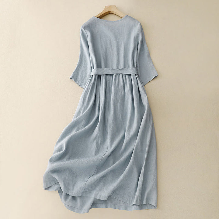 Vestido midi informal de manga corta con cuello redondo, cordones y bolsillos , Buddha Stones. - image 8