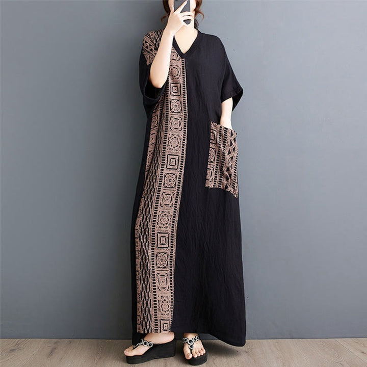 Vestido midi informal holgado con estampado de Buddha Stones, de lino y algodón teñido, con escote en V y media manga y bolsillos.