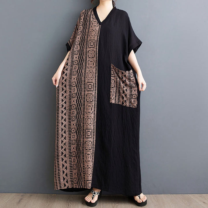 Vestido midi informal holgado con estampado de Buddha Stones, de lino y algodón teñido, con escote en V y media manga y bolsillos.