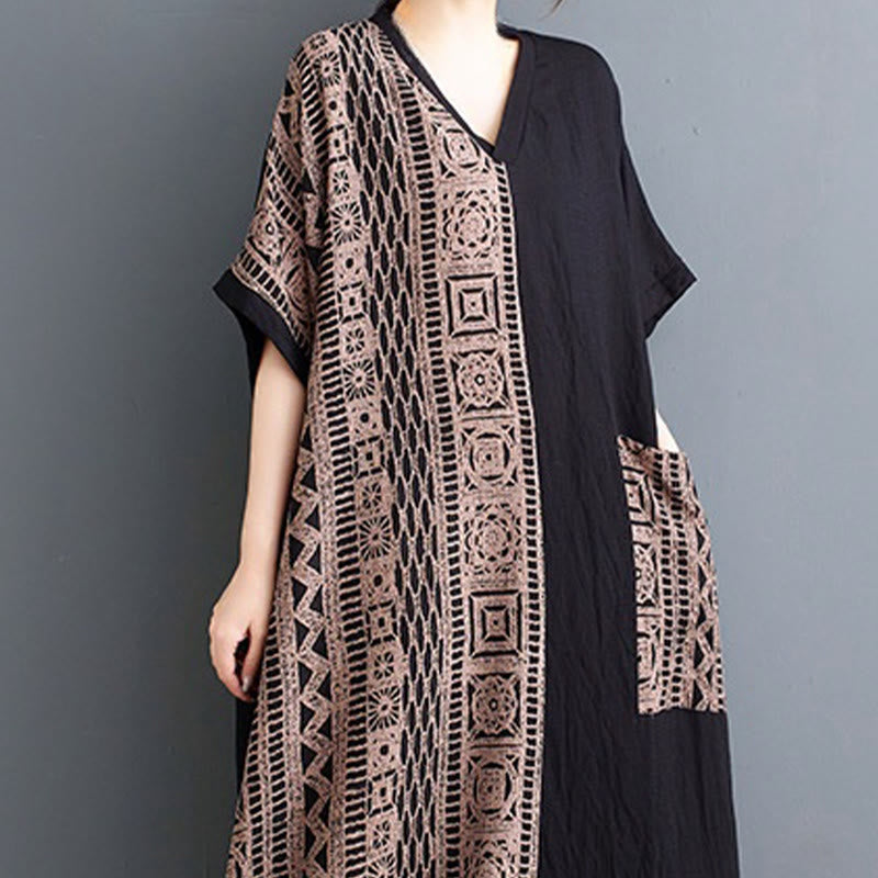 Vestido midi informal holgado con estampado de Buddha Stones, de lino y algodón teñido, con escote en V y media manga y bolsillos.