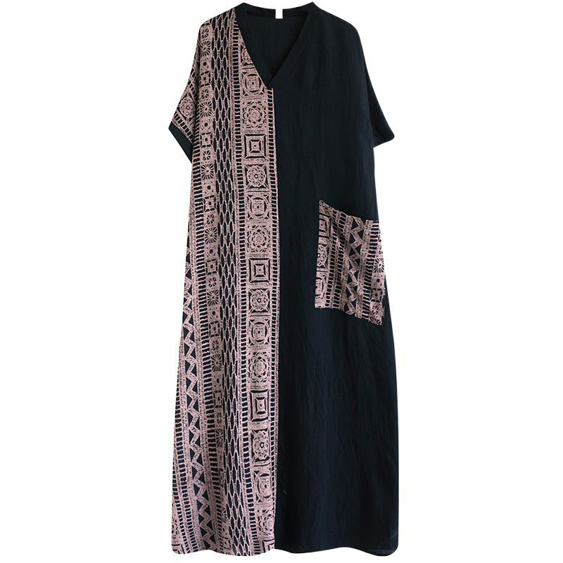 Vestido midi informal holgado con estampado de Buddha Stones, de lino y algodón teñido, con escote en V y media manga y bolsillos.
