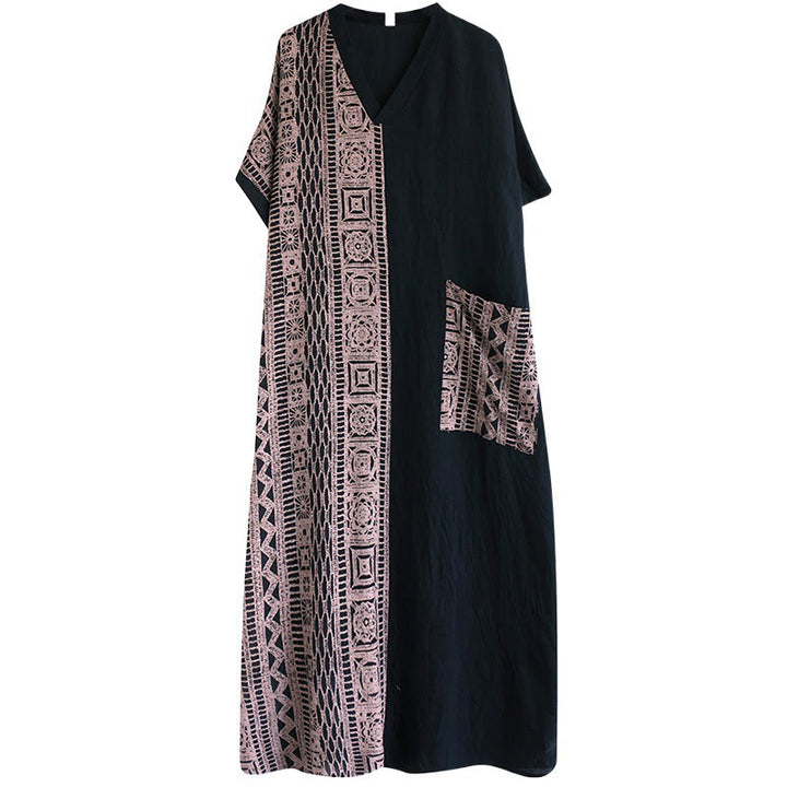 Vestido midi informal holgado con estampado de Buddha Stones, de lino y algodón teñido, con escote en V y media manga y bolsillos.