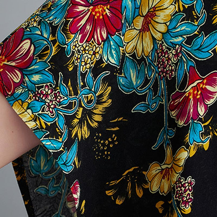 Vestido midi informal de poliéster con estampado floral, cuello en V, media manga y bolsillos, con estampado de Buddha Stones