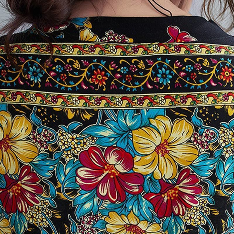 Vestido midi informal de poliéster con estampado floral, cuello en V, media manga y bolsillos, con estampado de Buddha Stones