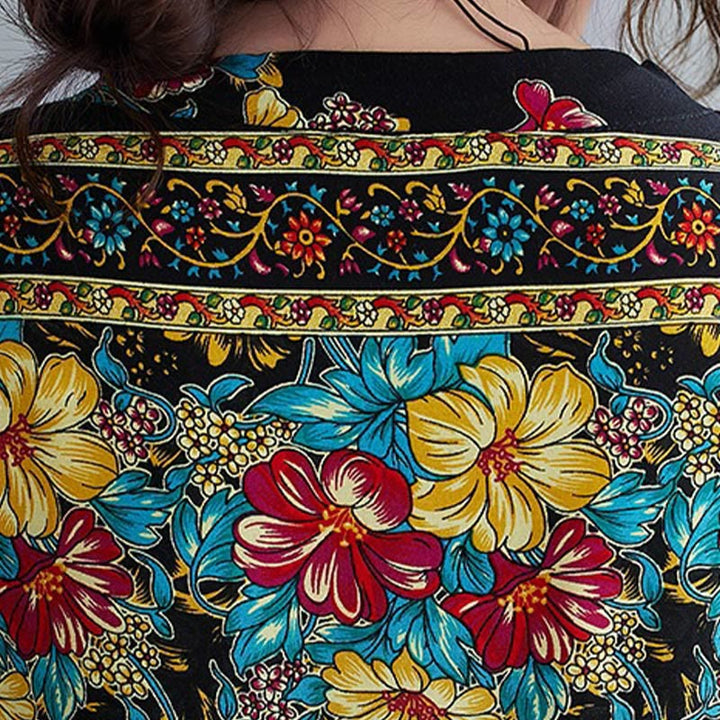 Vestido midi informal de poliéster con estampado floral, cuello en V, media manga y bolsillos, con estampado de Buddha Stones