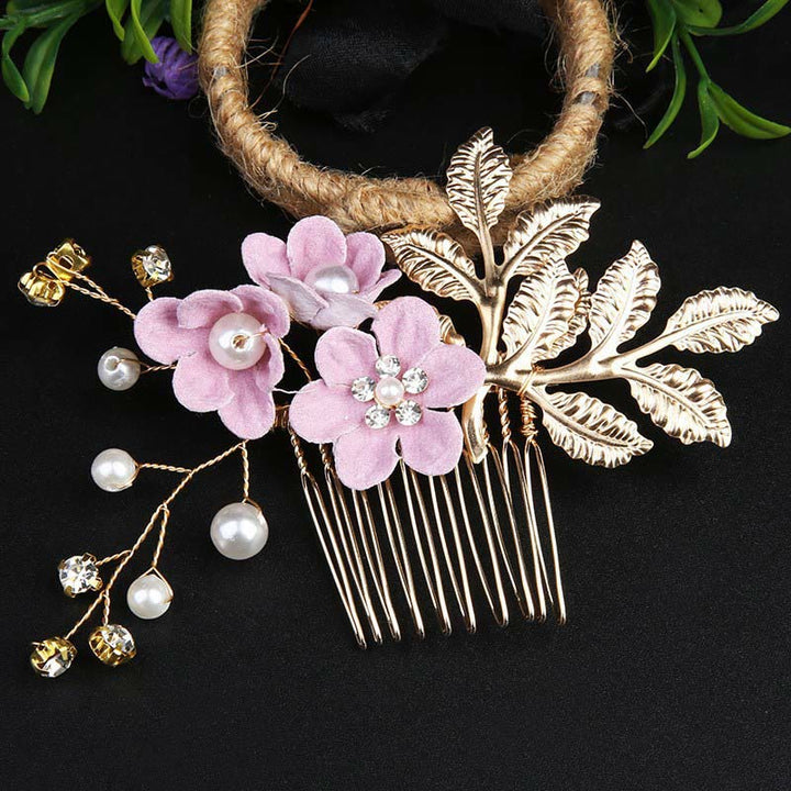 Juego de 4 peinetas para el pelo con forma de hoja dorada y flores y perlas hechas a mano con Buddha Stones