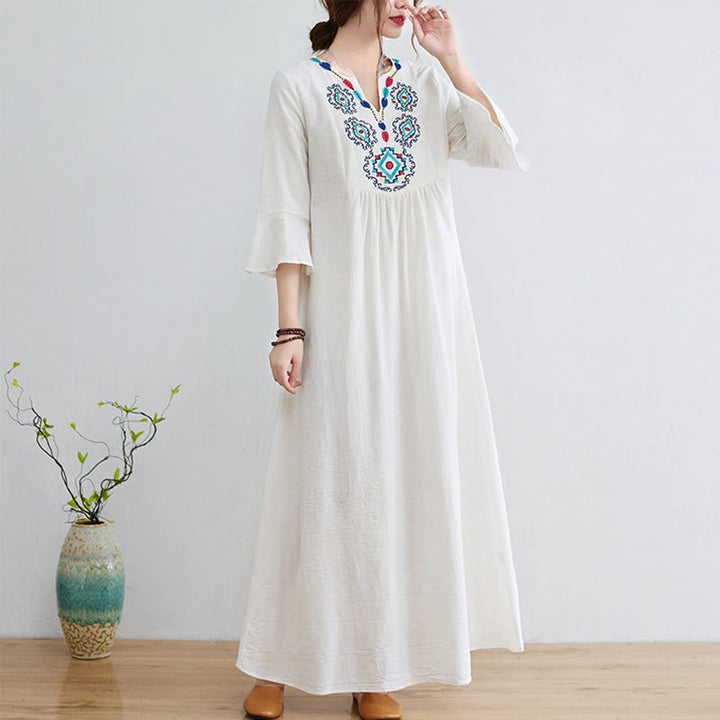 Vestido midi informal de lino y algodón con cuello en V y mangas tres cuartos con estampado floral bordado de Buddha Stones - Nieve - US8-10，UK/AU12-14，EU40-42 (2XL) - image 1