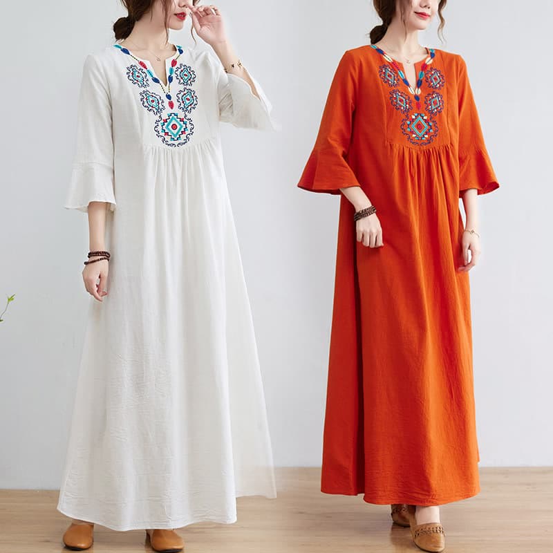 Vestido midi informal de lino y algodón con cuello en V y mangas tres cuartos con estampado floral bordado de Buddha Stones - image 0