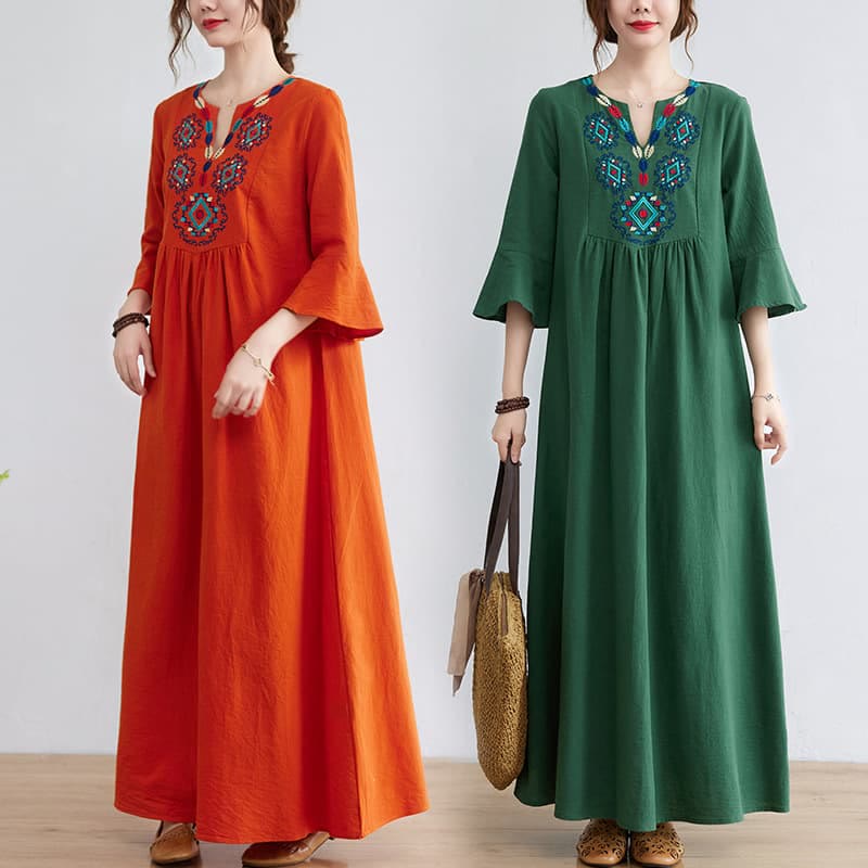 Vestido midi informal de lino y algodón con cuello en V y mangas tres cuartos con estampado floral bordado de Buddha Stones - image 20