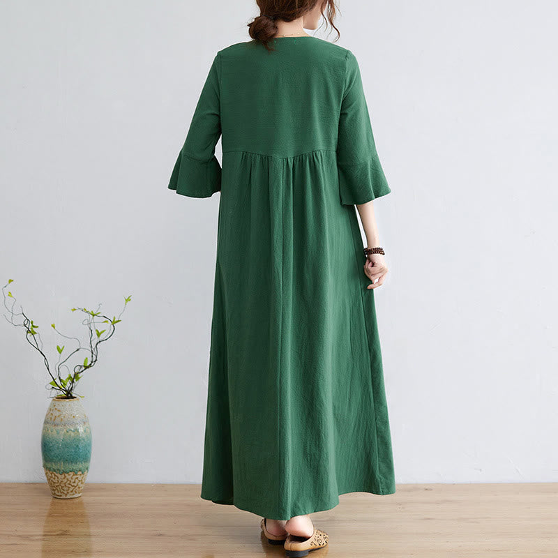 Vestido midi informal de lino y algodón con cuello en V y mangas tres cuartos con estampado floral bordado de Buddha Stones - image 16