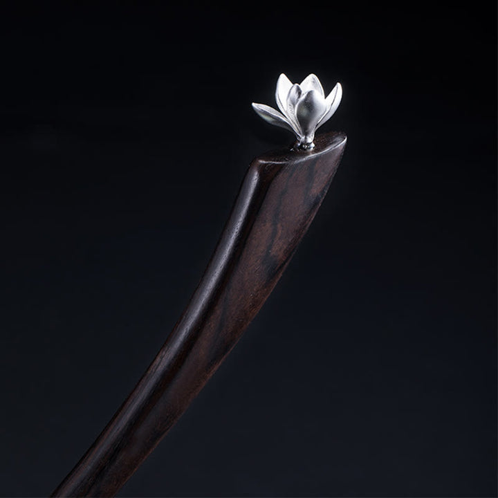 Horquilla clásica con bendición de flor de magnolia de ébano y plata de ley 925 con Buddha Stones