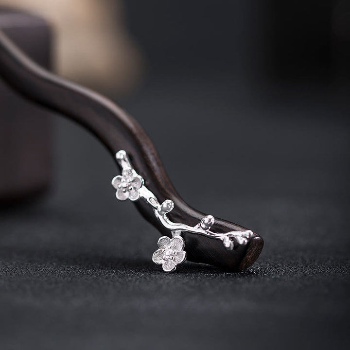 Horquilla con bendición de flor de ciruelo de ébano de estilo chino clásico de plata de ley 925 con Buddha Stones - Horquilla de ébano con forma de flor de ciruelo - image 0