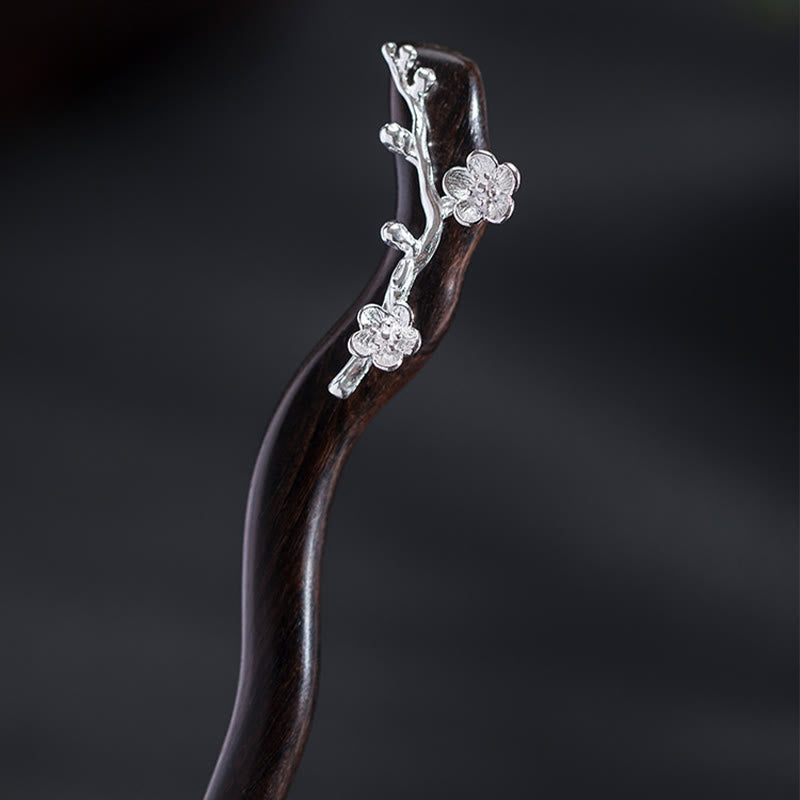 Horquilla con bendición de flor de ciruelo de ébano de estilo chino clásico de plata de ley 925 con Buddha Stones - image 8