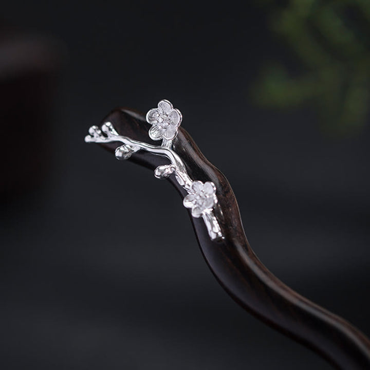 Horquilla con bendición de flor de ciruelo de ébano de estilo chino clásico de plata de ley 925 con Buddha Stones - image 4