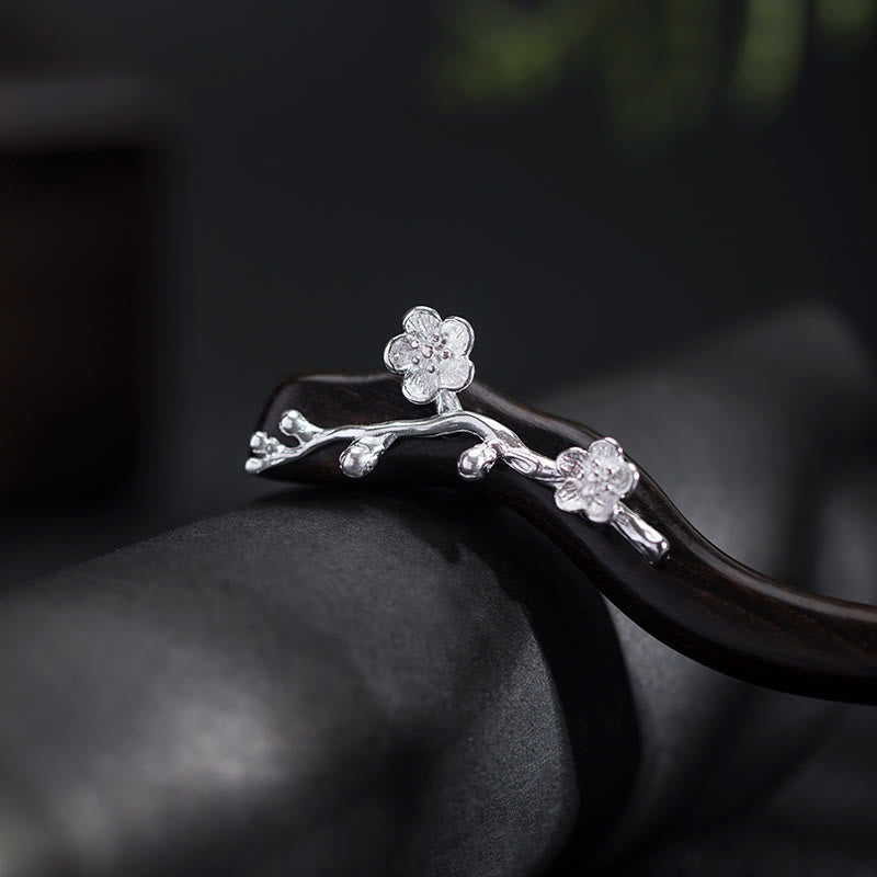 Horquilla con bendición de flor de ciruelo de ébano de estilo chino clásico de plata de ley 925 con Buddha Stones - image 3