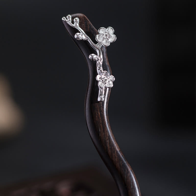 Horquilla con bendición de flor de ciruelo de ébano de estilo chino clásico de plata de ley 925 con Buddha Stones - image 9