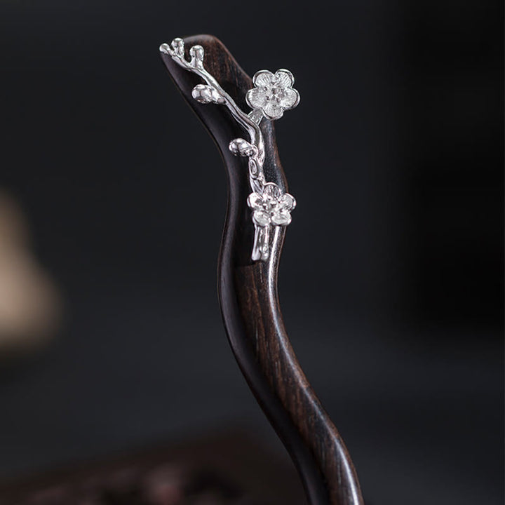 Horquilla con bendición de flor de ciruelo de ébano de estilo chino clásico de plata de ley 925 con Buddha Stones - image 9