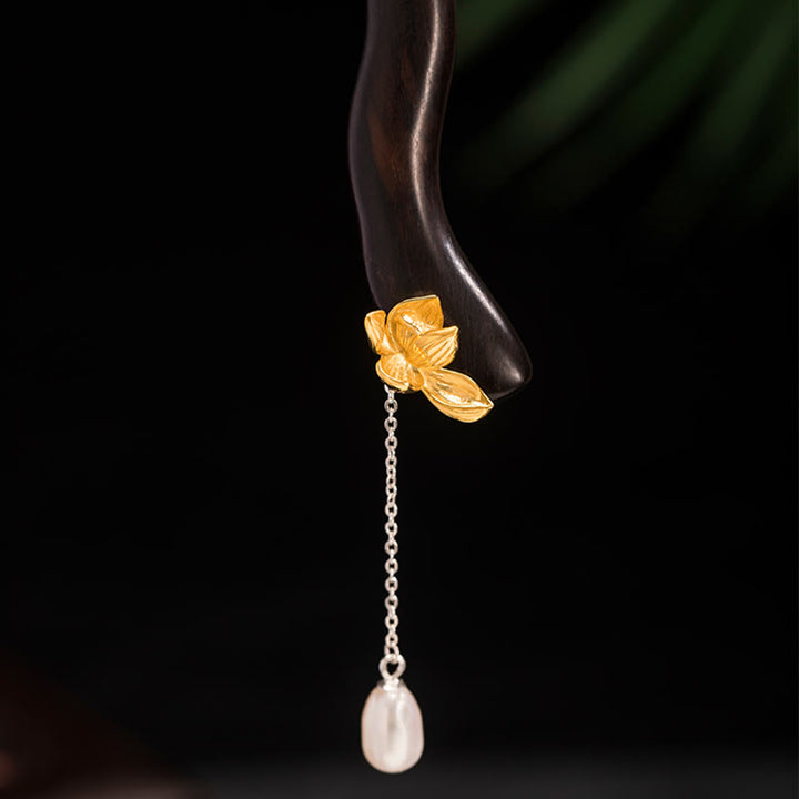 Horquilla con borlas de perlas y flor de loto de ébano de estilo chino clásico de plata de ley 925 con Buddha Stones