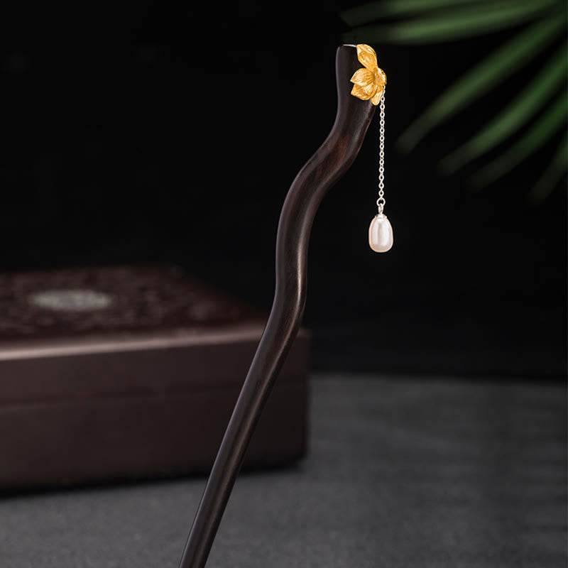 Horquilla con borlas de perlas y flor de loto de ébano de estilo chino clásico de plata de ley 925 con Buddha Stones