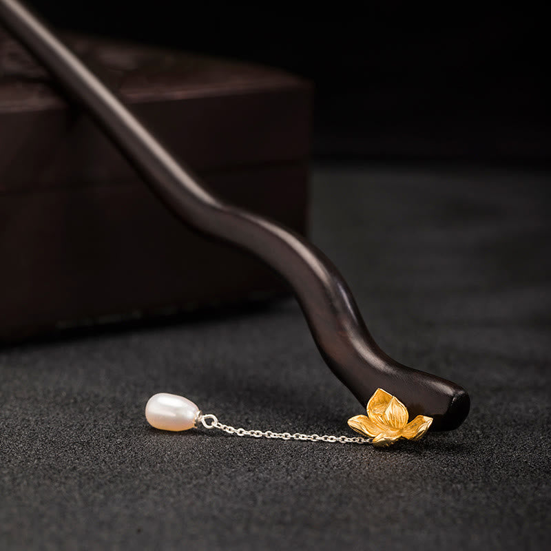 Horquilla con borlas de perlas y flor de loto de ébano de estilo chino clásico de plata de ley 925 con Buddha Stones