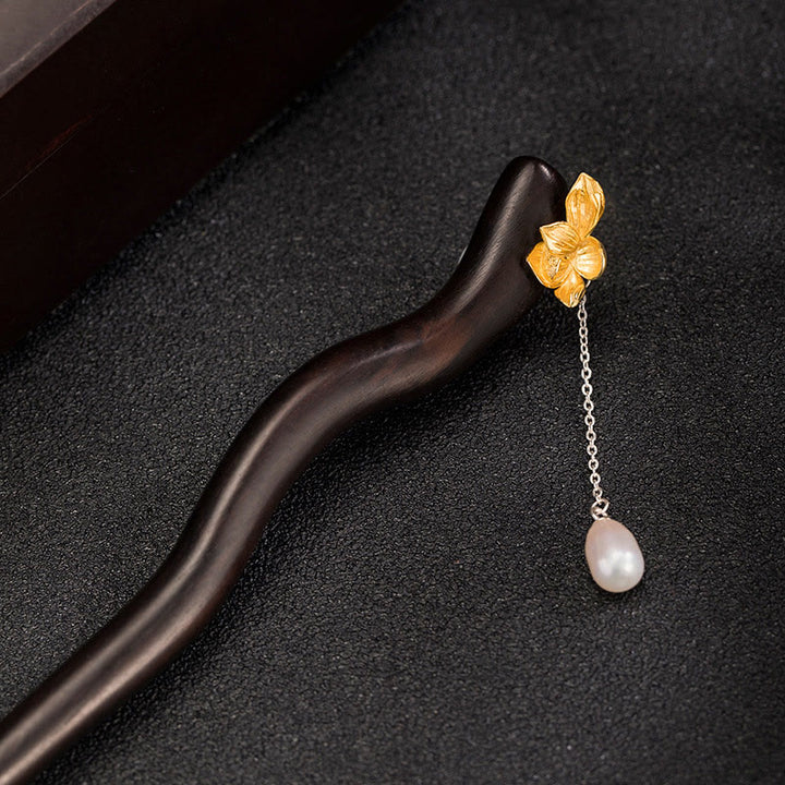Horquilla con borlas de perlas y flor de loto de ébano de estilo chino clásico de plata de ley 925 con Buddha Stones