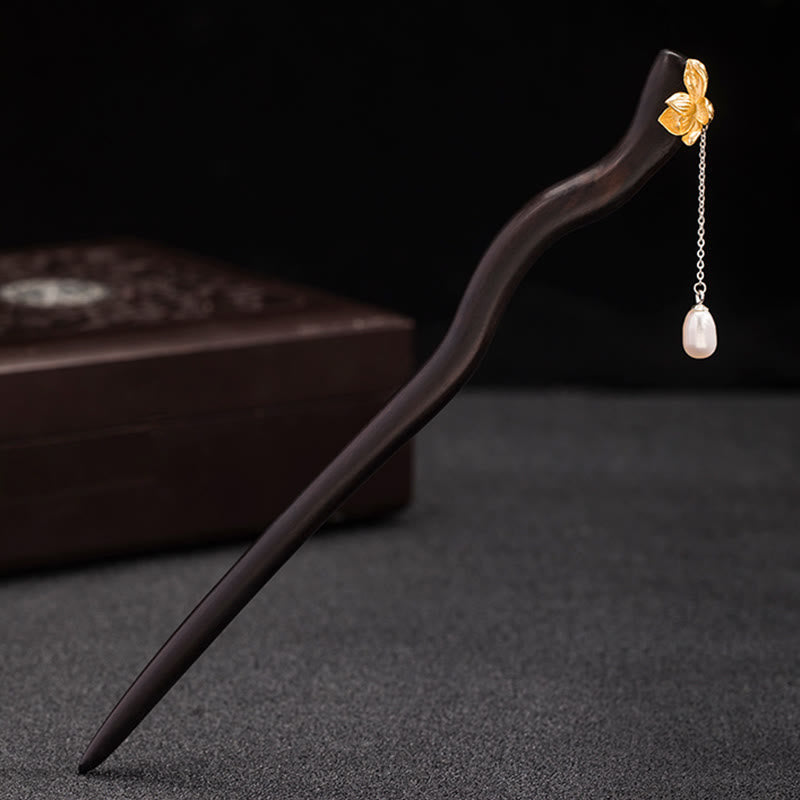 Horquilla con borlas de perlas y flor de loto de ébano de estilo chino clásico de plata de ley 925 con Buddha Stones