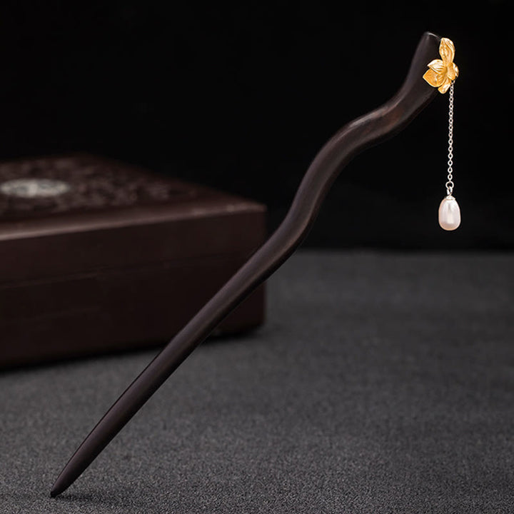 Horquilla con borlas de perlas y flor de loto de ébano de estilo chino clásico de plata de ley 925 con Buddha Stones
