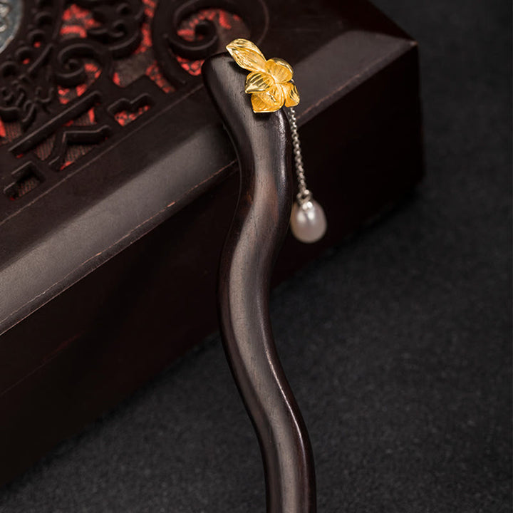 Horquilla con borlas de perlas y flor de loto de ébano de estilo chino clásico de plata de ley 925 con Buddha Stones