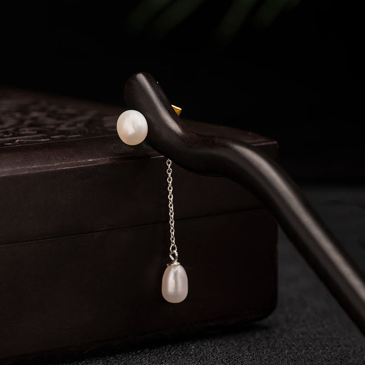 Horquilla con borlas de perlas y flor de loto de ébano de estilo chino clásico de plata de ley 925 con Buddha Stones
